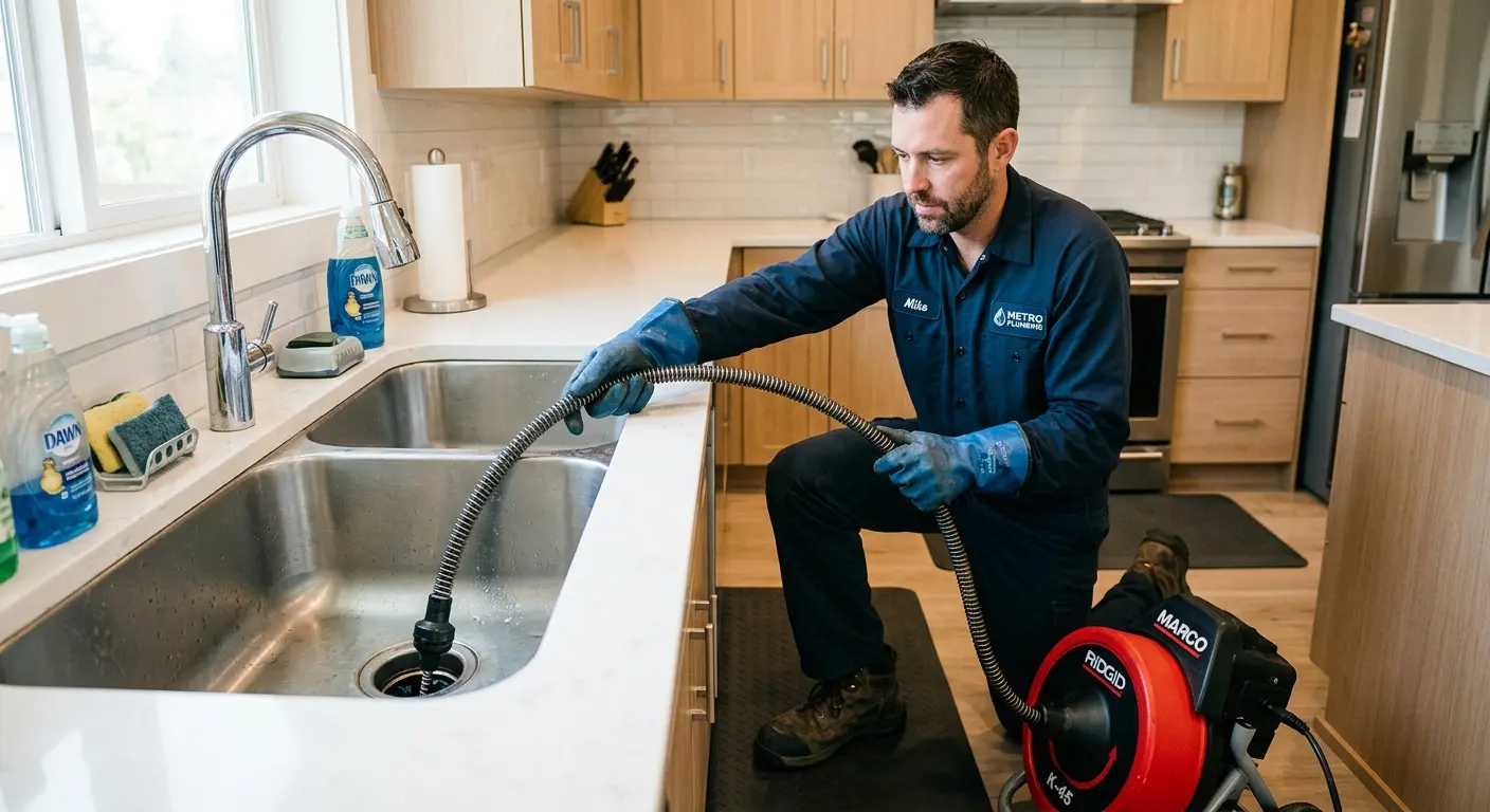 Drain cleaning technician using a motorized snake on a kitchen sink in Buckingham