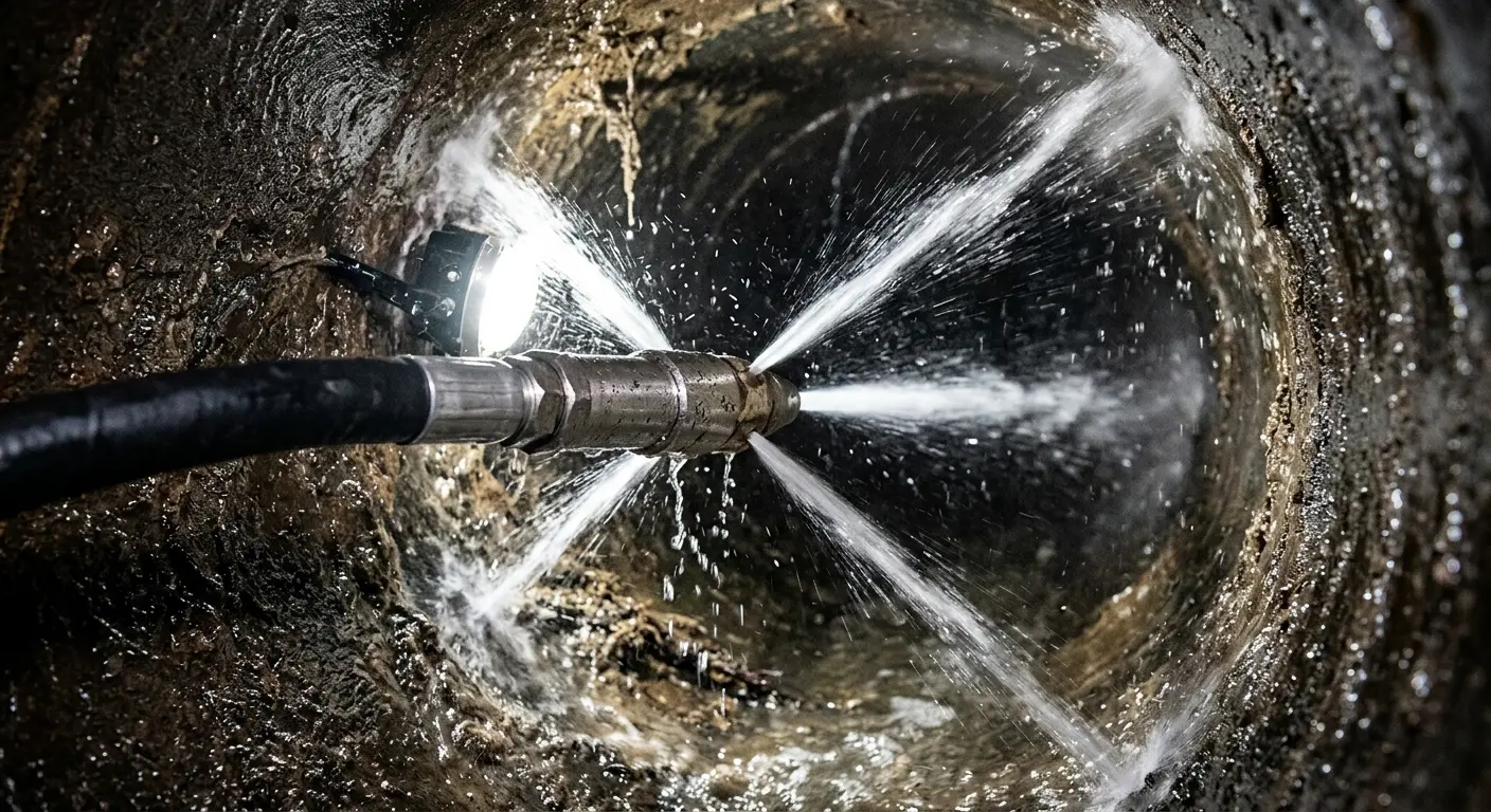 High-pressure hydro jetting nozzle cleaning sewer pipe for Trenchless Sewer Repair in Buckingham