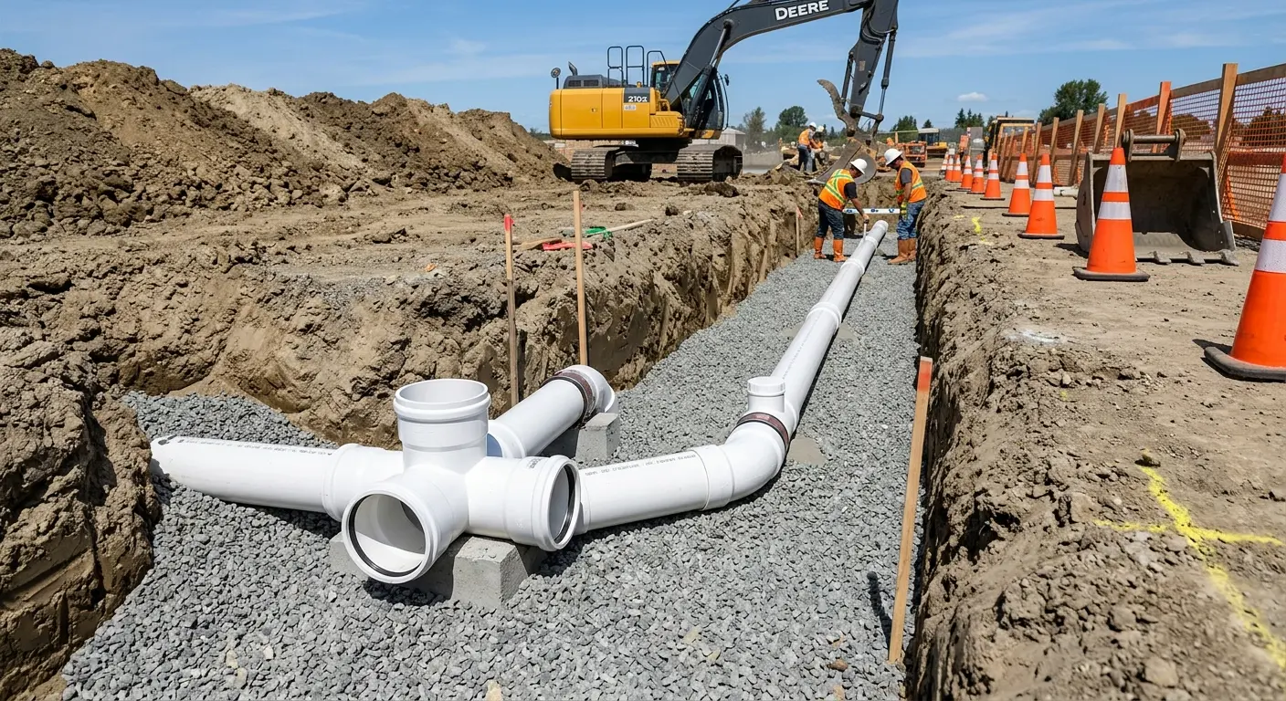 New PVC sewer pipe installation in open trench for Sewer Backup in Buckingham