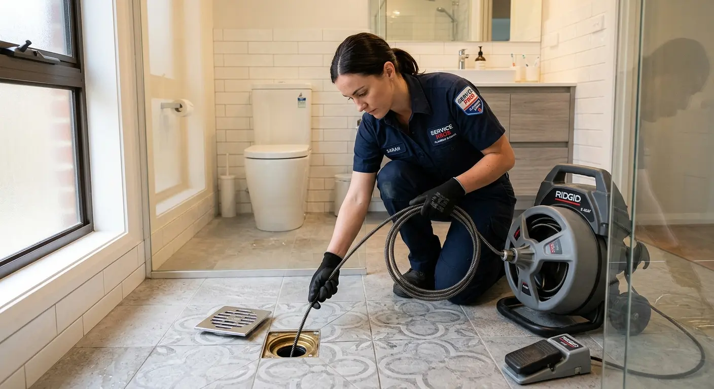 Technician clearing a bathroom floor drain for Drain Cleaning in Buckingham